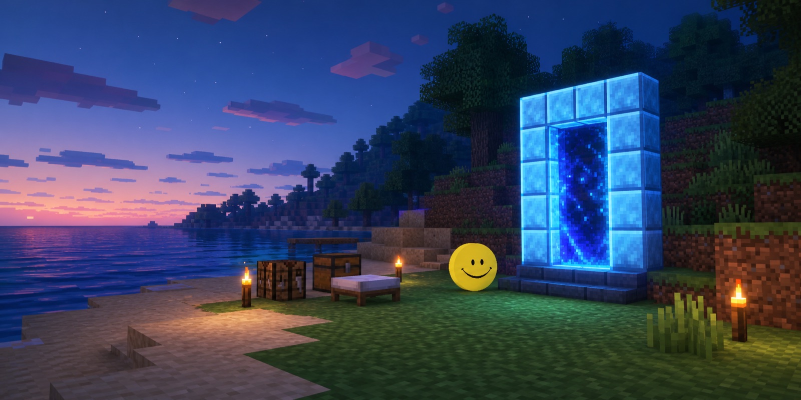 Verity beside a glowing blue portal at a safe Bedrock test world